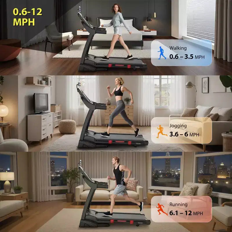 Tapis de course pliant électrique pour la maison, moteur 5HP, capacité 400 Lbs, jusqu'à 12 MPH, machine de course avec inclinaison automatique 20%, contrôle par application & Bluetooth