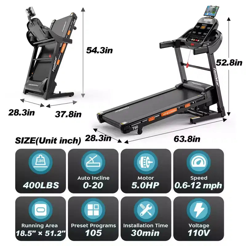 Tapis de course pliable 5 CV, capacité 136-181 kg, inclinaison automatique 20%, vitesse rapide 19 km/h, 96+5+3+1 programmes intelligents, contrôle par application, tapis de course domestique pour la marche et la course