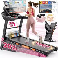 Tapis de course en promotion, Tapis de course pliable 5,0 CV avec inclinaison réglable sur 20 niveaux, vitesse de 19 km/h, capacité de 180 kg, 105 programmes d'entraînement préréglés