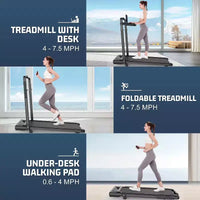 Tapis Roulant Pliable 4-en-1 KRISRATE 3.5HP avec Inclinaison de 15%, Bureau Amovible et Barre de Maintien, Tapis de Marche Pliant Sous le Bureau pour la Maison/Bureau/Salle de Sport