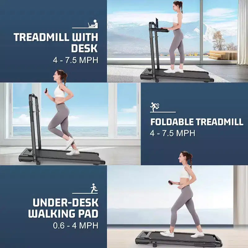 Tapis Roulant Pliable 4-en-1 KRISRATE 3.5HP avec Inclinaison de 15%, Bureau Amovible et Barre de Maintien, Tapis de Marche Pliant Sous le Bureau pour la Maison/Bureau/Salle de Sport