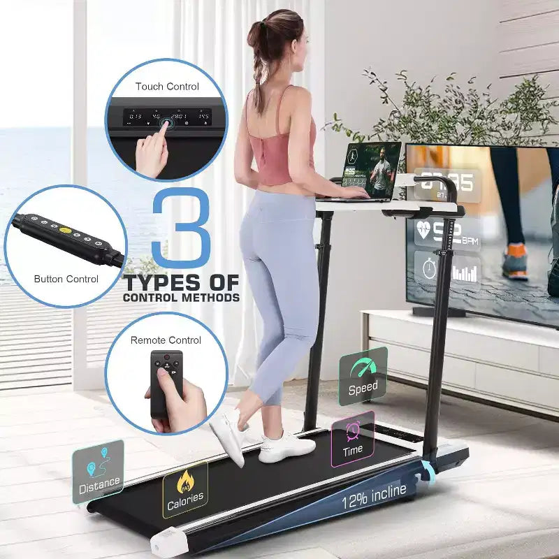 Tapis Roulant Pliable 4-en-1 KRISRATE 3.5HP avec Inclinaison de 15%, Bureau Amovible et Barre de Maintien, Tapis de Marche Pliant Sous le Bureau pour la Maison/Bureau/Salle de Sport