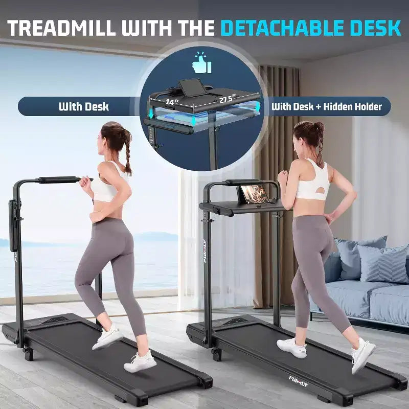 Tapis Roulant Pliable 4-en-1 KRISRATE 3.5HP avec Inclinaison de 15%, Bureau Amovible et Barre de Maintien, Tapis de Marche Pliant Sous le Bureau pour la Maison/Bureau/Salle de Sport