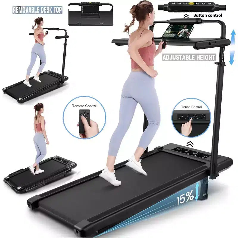 Tapis Roulant Pliable 4-en-1 KRISRATE 3.5HP avec Inclinaison de 15%, Bureau Amovible et Barre de Maintien, Tapis de Marche Pliant Sous le Bureau pour la Maison/Bureau/Salle de Sport