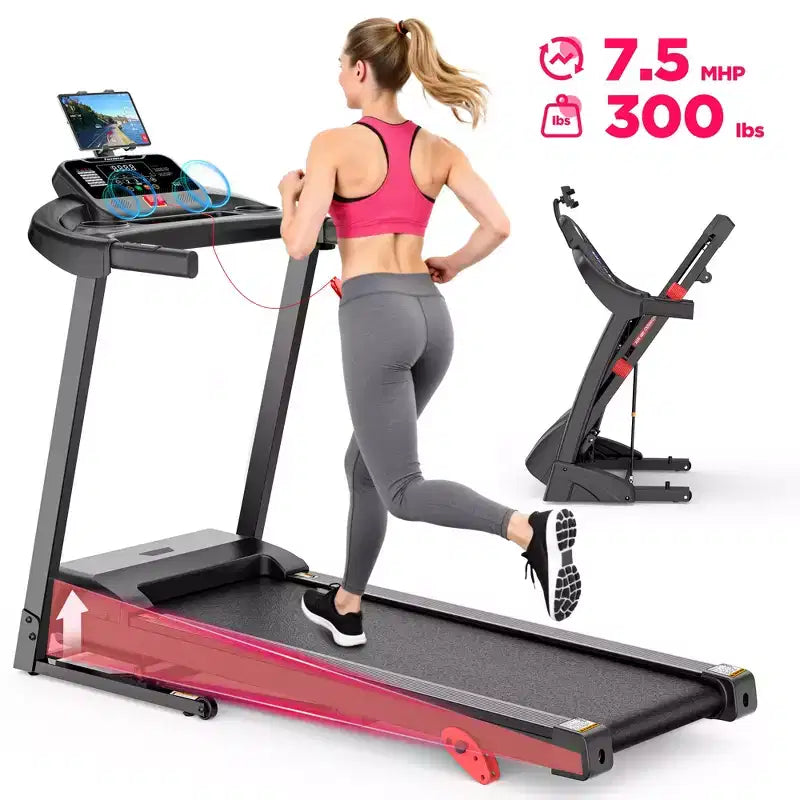 Tapis Roulant Pliable 3 CV pour la Maison, Capacité de 136 kg, 9 Niveaux d'Inclinaison Réglables, 64 Programmes, Bluetooth, Contrôle par Application, Machine Compacte de Marche et de Course