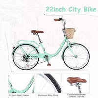 Vélo de route 22", cadre acier 13", cruiser de ville 7 vitesses avec freins doubles et panier, vélo de ville pour hommes et femmes, cyclisme en extérieur