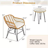 Ensemble de 3 meubles en rotin avec table et chaises coussinées