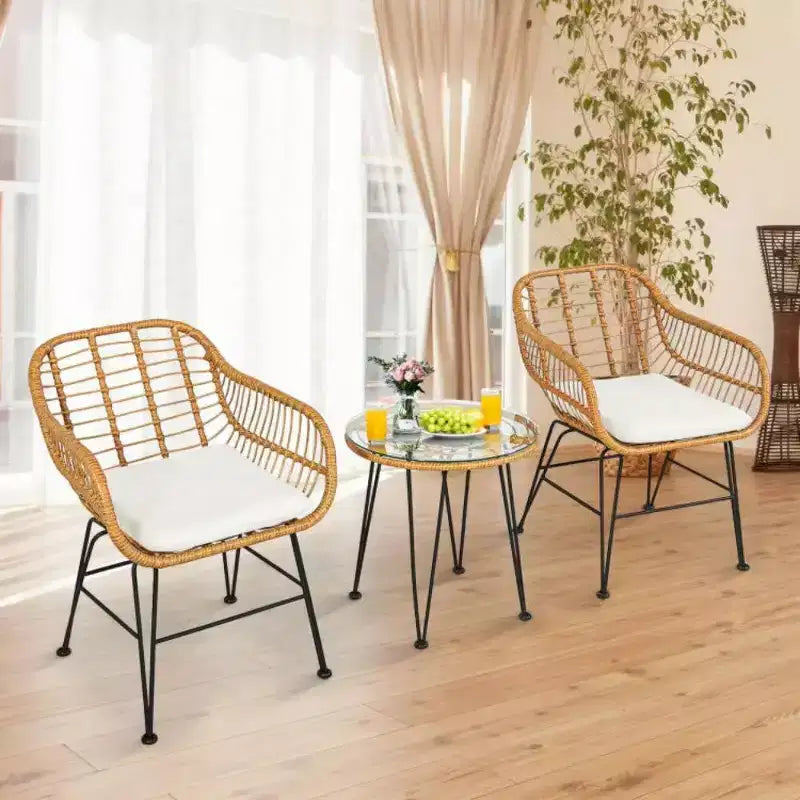 Ensemble de 3 meubles en rotin avec table et chaises coussinées