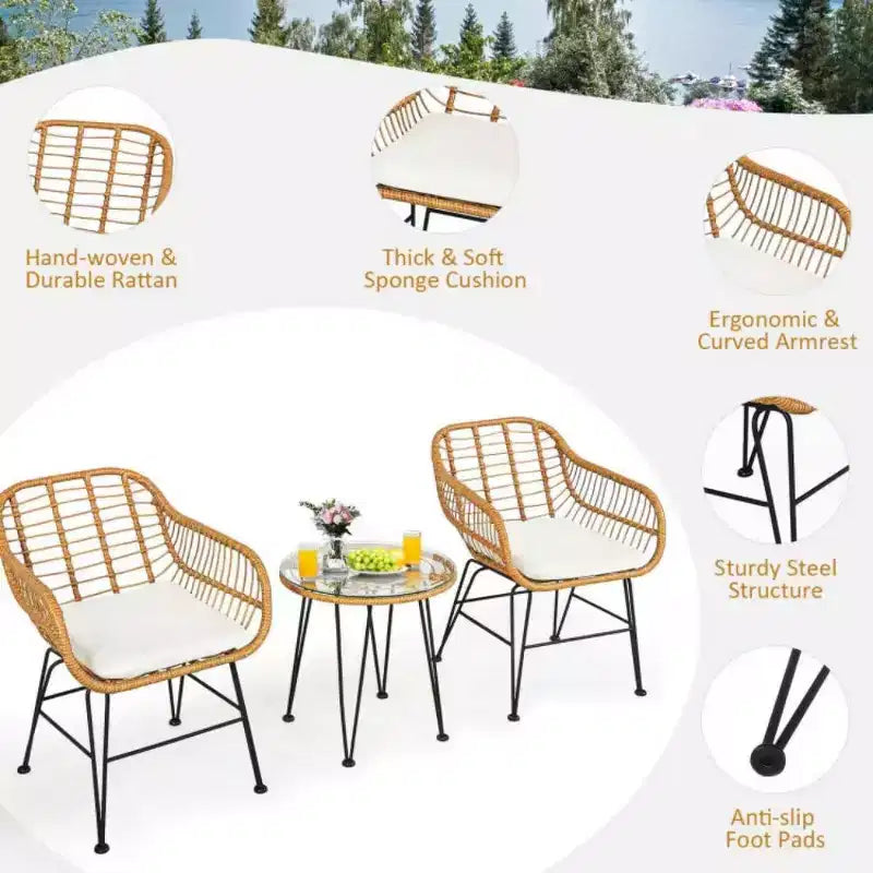 Ensemble de 3 meubles en rotin avec table et chaises coussinées