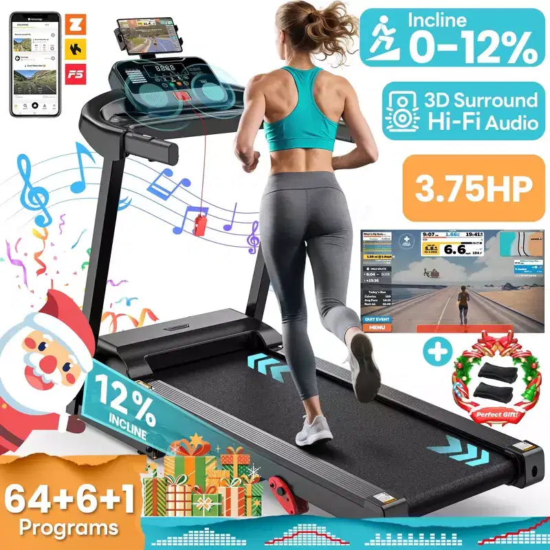 Tapis roulant 3.75HP capacité 300lb, tapis pliable avec inclinaison, 64+7 programmes intelligents, 7.5MPH, contrôle par APP, tapis de course pour la maison jogging marche avec haut-parleur HiFi