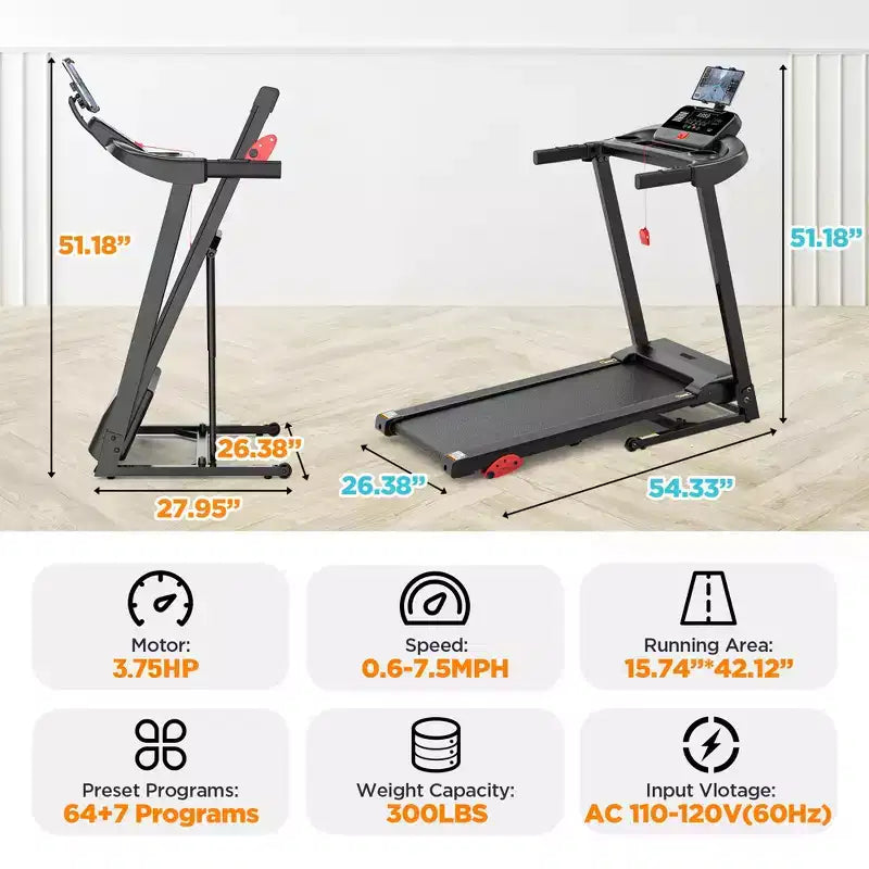 Tapis roulant 3.75HP capacité 300lb, tapis pliable avec inclinaison, 64+7 programmes intelligents, 7.5MPH, contrôle par APP, tapis de course pour la maison jogging marche avec haut-parleur HiFi