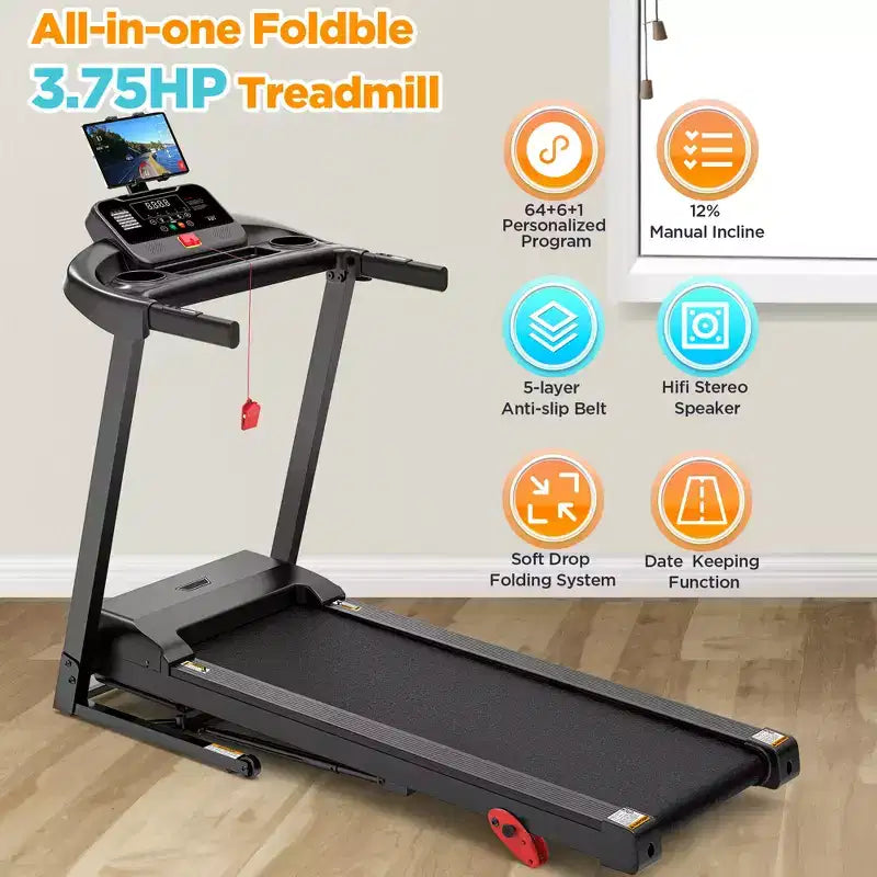 Tapis roulant 3.75HP capacité 300lb, tapis pliable avec inclinaison, 64+7 programmes intelligents, 7.5MPH, contrôle par APP, tapis de course pour la maison jogging marche avec haut-parleur HiFi