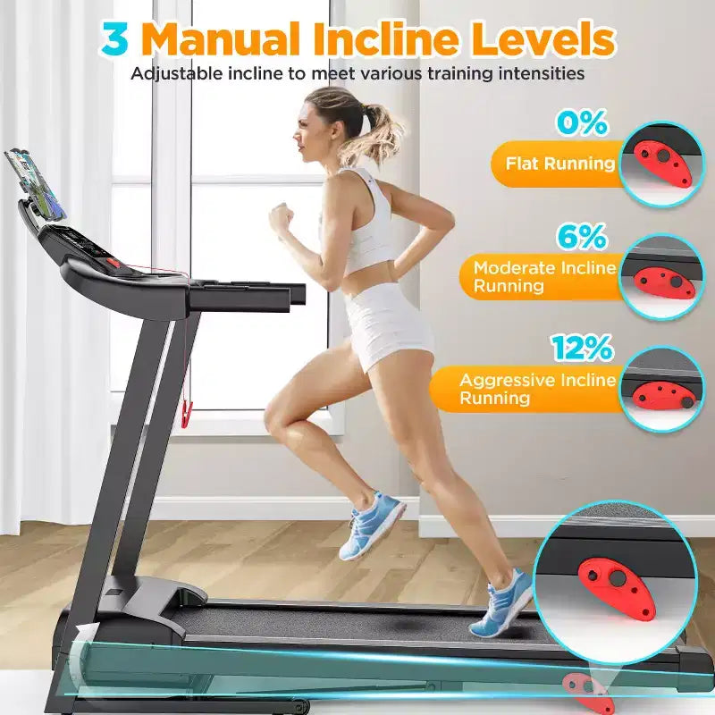 Tapis roulant 3.75HP capacité 300lb, tapis pliable avec inclinaison, 64+7 programmes intelligents, 7.5MPH, contrôle par APP, tapis de course pour la maison jogging marche avec haut-parleur HiFi