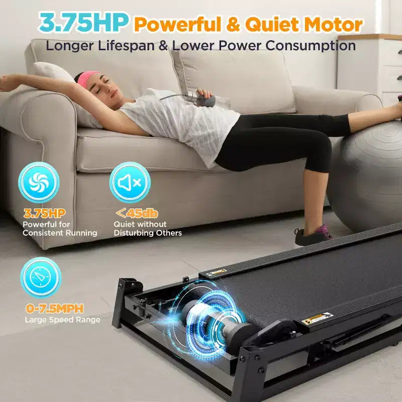 Tapis roulant 3.75HP capacité 300lb, tapis pliable avec inclinaison, 64+7 programmes intelligents, 7.5MPH, contrôle par APP, tapis de course pour la maison jogging marche avec haut-parleur HiFi