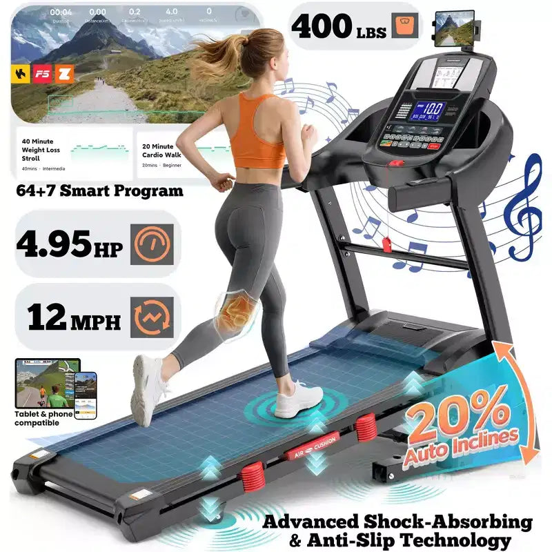 Tapis roulant avec inclinaison automatique de 20%, tapis de course pliable de 4,95 CV capacité 180 kg, 71 programmes, 19 km/h, entraînement personnalisé avec contrôle via application, tapis de course domestique pour jogging et marche.