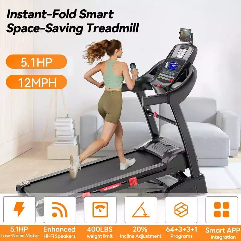 Tapis roulant avec inclinaison automatique de 20%, tapis de course pliable de 4,95 CV capacité 180 kg, 71 programmes, 19 km/h, entraînement personnalisé avec contrôle via application, tapis de course domestique pour jogging et marche.