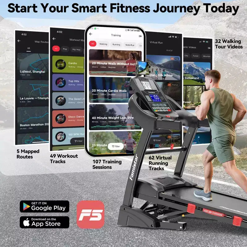 Tapis roulant avec inclinaison automatique de 20%, tapis de course pliable de 4,95 CV capacité 180 kg, 71 programmes, 19 km/h, entraînement personnalisé avec contrôle via application, tapis de course domestique pour jogging et marche.