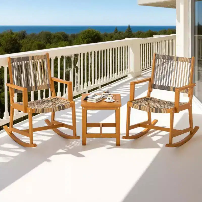Ensemble de 3 pièces pour patio en bois d'acacia avec chaises à bascule et osier rotin