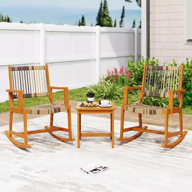 Ensemble de 3 pièces pour patio en bois d'acacia avec chaises à bascule et osier rotin