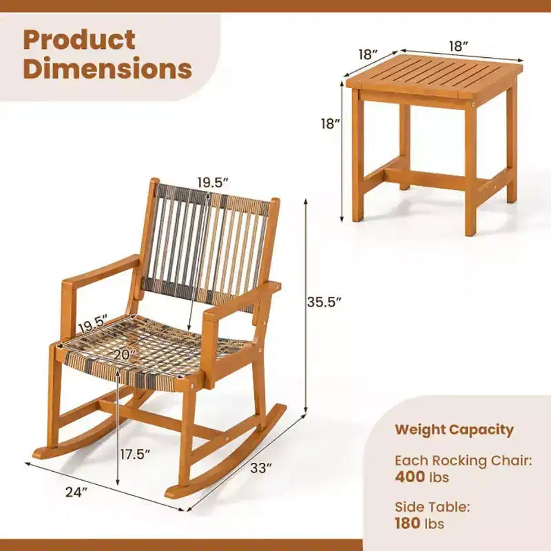 Ensemble de 3 pièces pour patio en bois d'acacia avec chaises à bascule et osier rotin