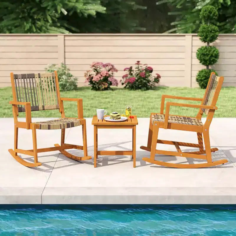 Ensemble de 3 pièces pour patio en bois d'acacia avec chaises à bascule et osier rotin