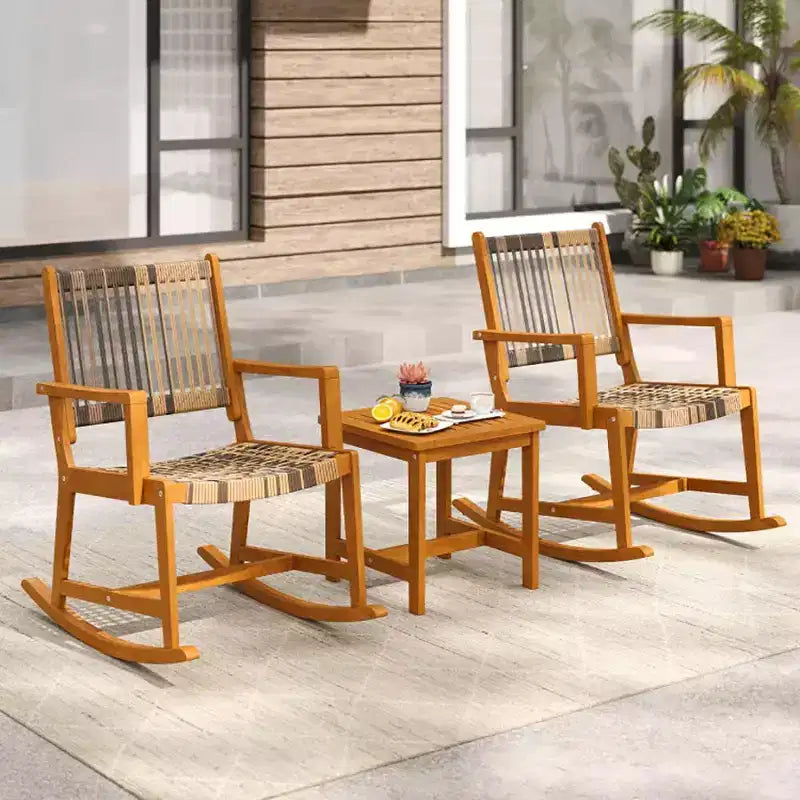 Ensemble de 3 pièces pour patio en bois d'acacia avec chaises à bascule et osier rotin
