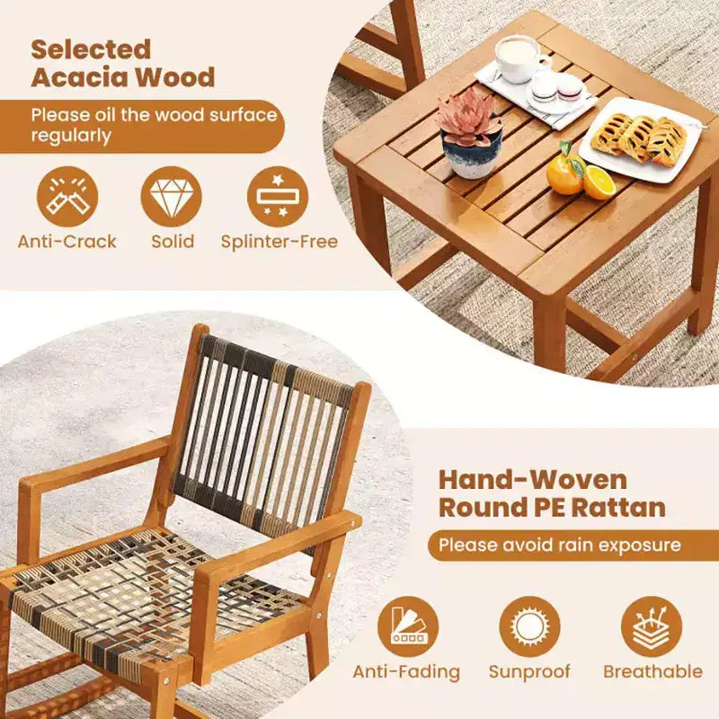 Ensemble de 3 pièces pour patio en bois d'acacia avec chaises à bascule et osier rotin