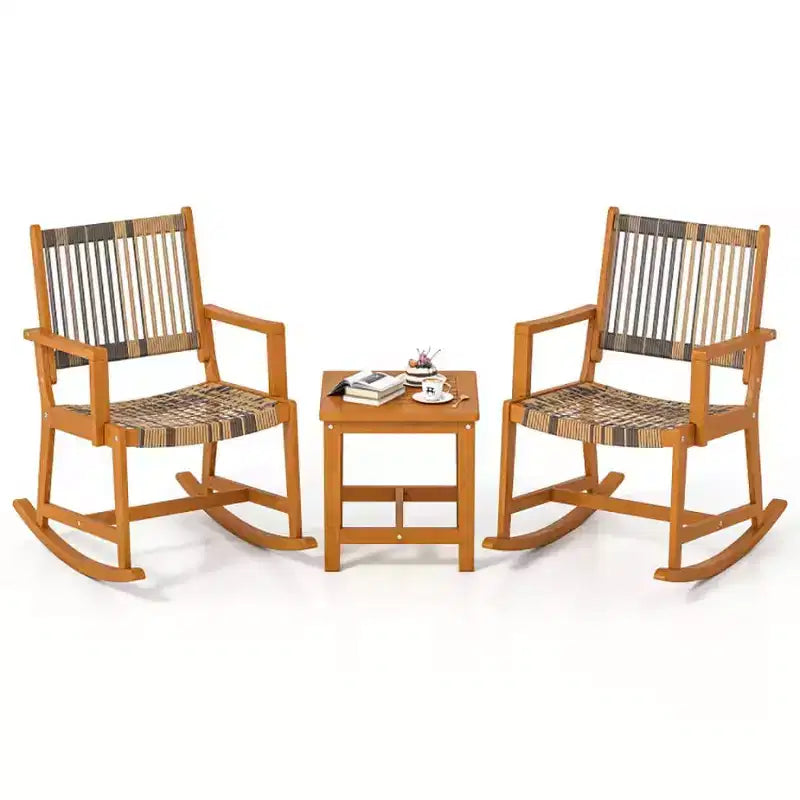 Ensemble de 3 pièces pour patio en bois d'acacia avec chaises à bascule et osier rotin