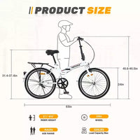 NAYSAYE Vélo pliant 24 pouces pour adultes avec garde-boue, cadre en acier, vitesse unique, vélo de ville, blanc clair, 63*22.83*45.6