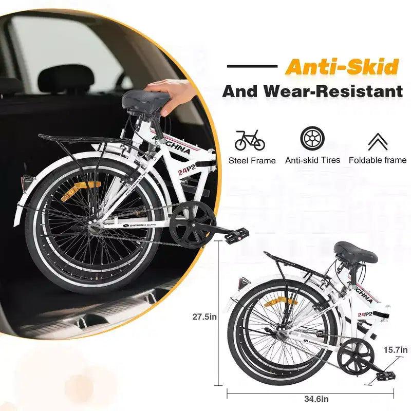 NAYSAYE Vélo pliant 24 pouces pour adultes avec garde-boue, cadre en acier, vitesse unique, vélo de ville, blanc clair, 63*22.83*45.6