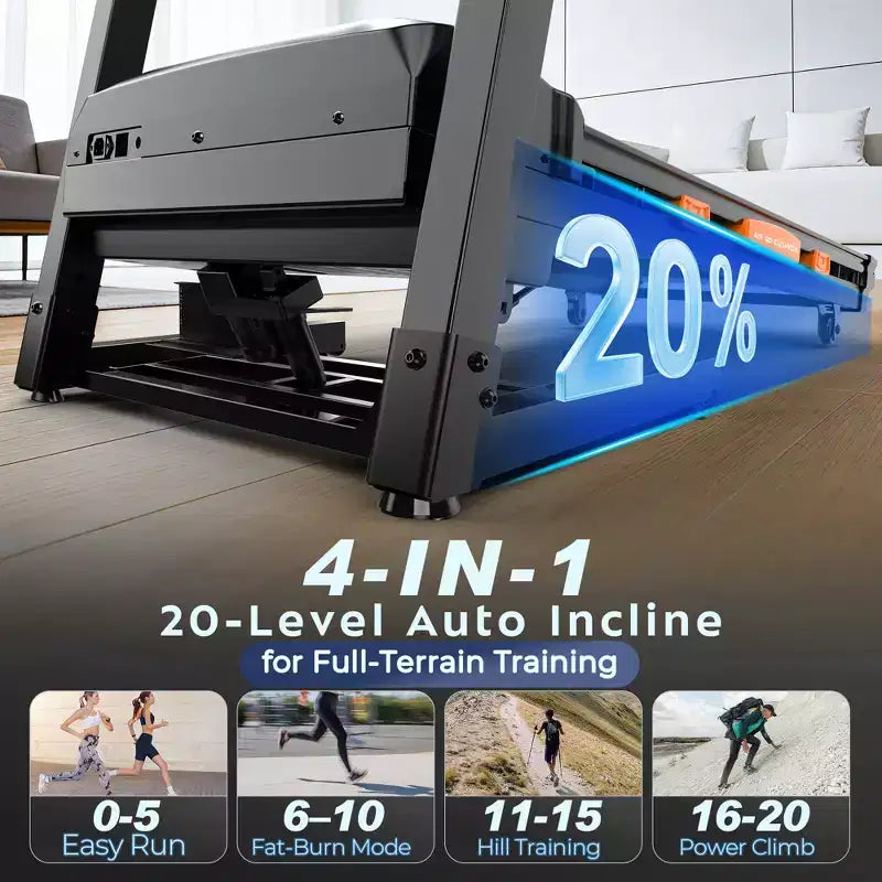 Tapis de course pliable 5 CV, inclinaison automatique à 20 niveaux, 105 programmes préréglés, 1 à 20 km/h, contrôle par application pour la salle de sport à domicile
