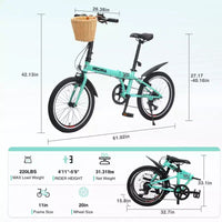 Vélo pliant 20 pouces pour adultes avec panier, support de téléphone et garde-boue, cadre en acier 6 vitesses, vélo de ville, double frein en V, vélo compact portable