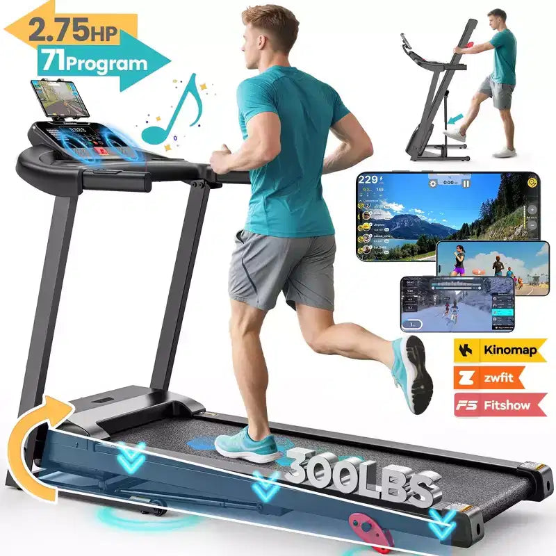 Tapis roulant pliable 2,75 CV, capacité de 136 kg, 3 niveaux d'inclinaison, vitesse de 12 km/h, pour la maison, 64+6+1 programmes, application intelligente, haut-parleurs stéréo Bluetooth Hi-Fi