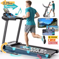 Tapis roulant pliable 2,75 CV, capacité de 136 kg, 3 niveaux d'inclinaison, vitesse de 12 km/h, pour la maison, 64+6+1 programmes, application intelligente, haut-parleurs stéréo Bluetooth Hi-Fi