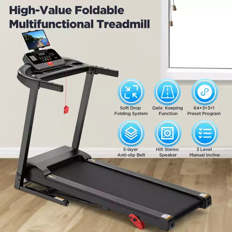 Tapis roulant pliable 2,75 CV, capacité de 136 kg, 3 niveaux d'inclinaison, vitesse de 12 km/h, pour la maison, 64+6+1 programmes, application intelligente, haut-parleurs stéréo Bluetooth Hi-Fi
