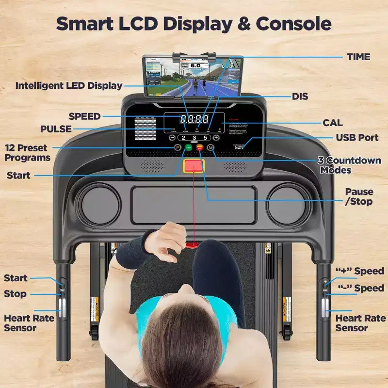 Tapis roulant pliable 2,75 CV, capacité de 136 kg, 3 niveaux d'inclinaison, vitesse de 12 km/h, pour la maison, 64+6+1 programmes, application intelligente, haut-parleurs stéréo Bluetooth Hi-Fi