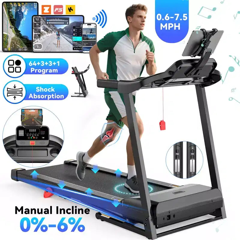 Tapis de course 3.0HP capacité 300lbs, tapis de course pliable inclinable à 6% pour la maison, 0.6-7.5MPH, bande de 16 pouces, absorption des chocs