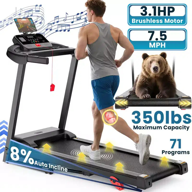 Tapis de course pliable 3,1 CV pour la maison, capacité de 159 kg, inclinaison de 8 %, vitesse de 12 km/h, 71 programmes prédéfinis, absorption des chocs