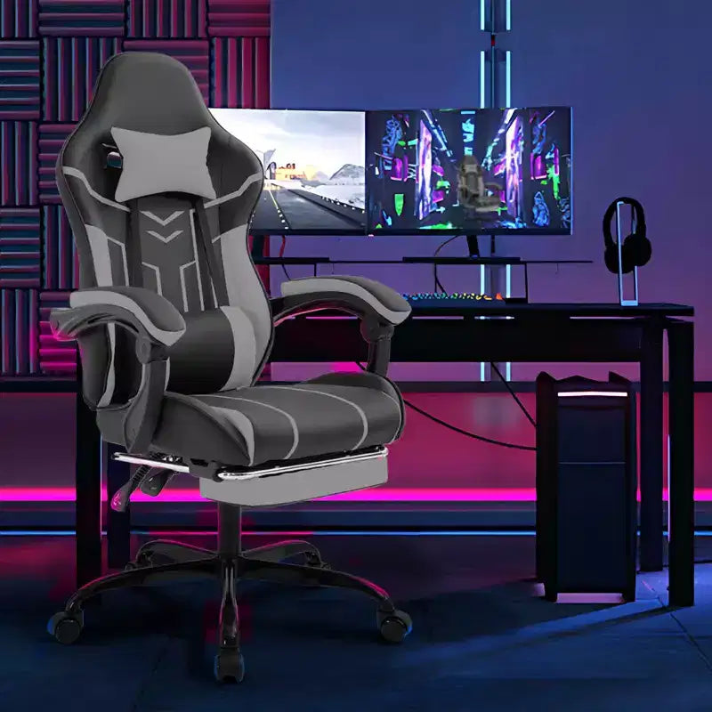 Chaise de jeu MAYEERTY, chaise d'ordinateur, chaise ergonomique avec repose-pieds et soutien lombaire pour salon, noir-gris