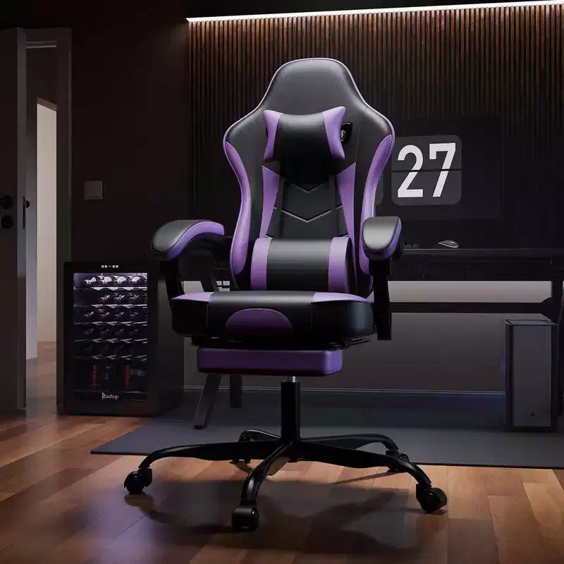 Chaise de jeu MAYEERTY, chaise d'ordinateur ergonomique avec repose-pieds et support lombaire massant, chaise de jeu vidéo pivotante réglable en hauteur Violet Noir
