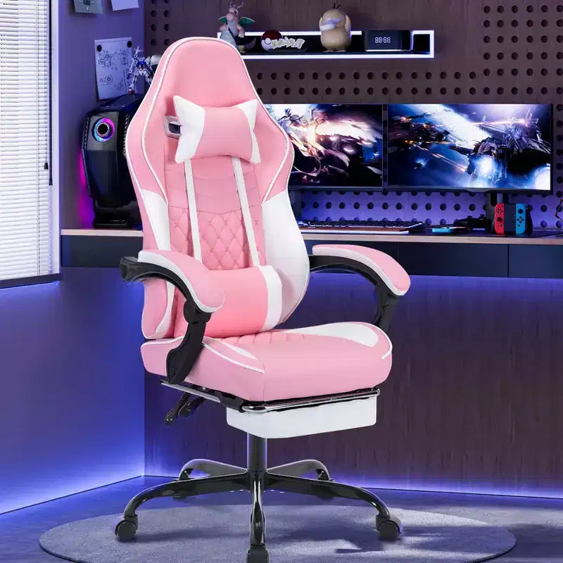 MAYEERTY Chaises de jeu ergonomiques, chaises de jeu pour ordinateur avec support lombaire massant et repose-pieds rose et blanc
