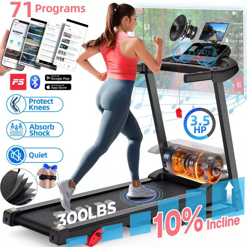 Tapis de course pliable 330lbs avec moteur 3.5CV, 64+7 programmes, tapis de course inclinable pour la maison, 12km/h, contrôle APP et double haut-parleurs, tapis de course portable pour la marche et le jogging