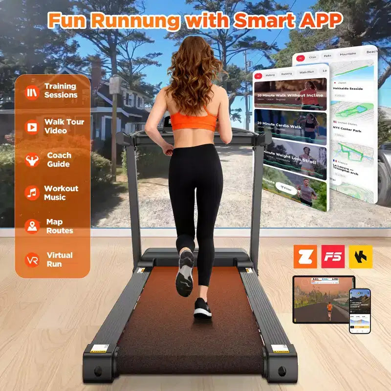 Tapis de course pliable 330lbs avec moteur 3.5CV, 64+7 programmes, tapis de course inclinable pour la maison, 12km/h, contrôle APP et double haut-parleurs, tapis de course portable pour la marche et le jogging