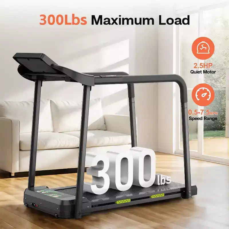 Tapis de marche Okak pour seniors, tapis de course pliable avec longue barre d'appui pour l'équilibre, tapis de course avec grand écran LED, noir