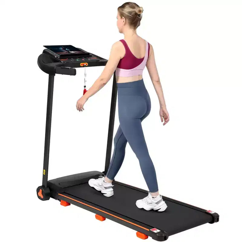 Tapis de course pliable silencieux Okak 2,5 CV avec capteur de fréquence cardiaque, tapis de marche avec 6 amortisseurs, tapis de course compact avec haut-parleur Bluetooth, noir