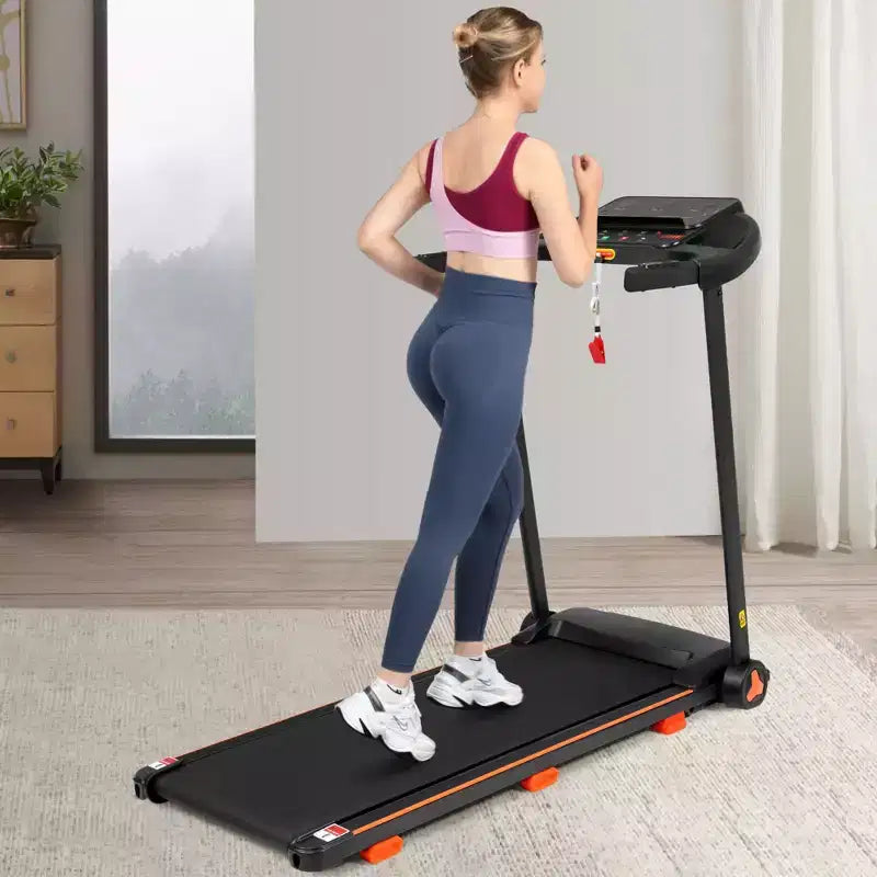 Tapis de course pliable silencieux Okak 2,5 CV avec capteur de fréquence cardiaque, tapis de marche avec 6 amortisseurs, tapis de course compact avec haut-parleur Bluetooth, noir