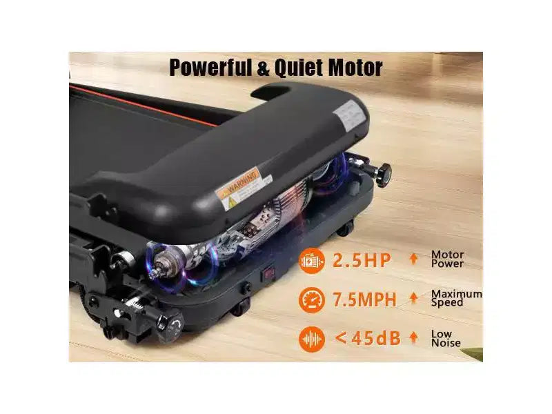 Tapis de course pliable silencieux Okak 2,5 CV avec capteur de fréquence cardiaque, tapis de marche avec 6 amortisseurs, tapis de course compact avec haut-parleur Bluetooth, noir
