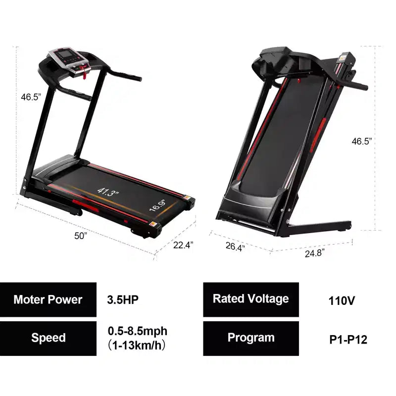Okak Tapis de course pliant 3.5HP avec 12 programmes prédéfinis, tapis de course pliant avec inclinaison et application, tapis de course portable pour appartement, noir