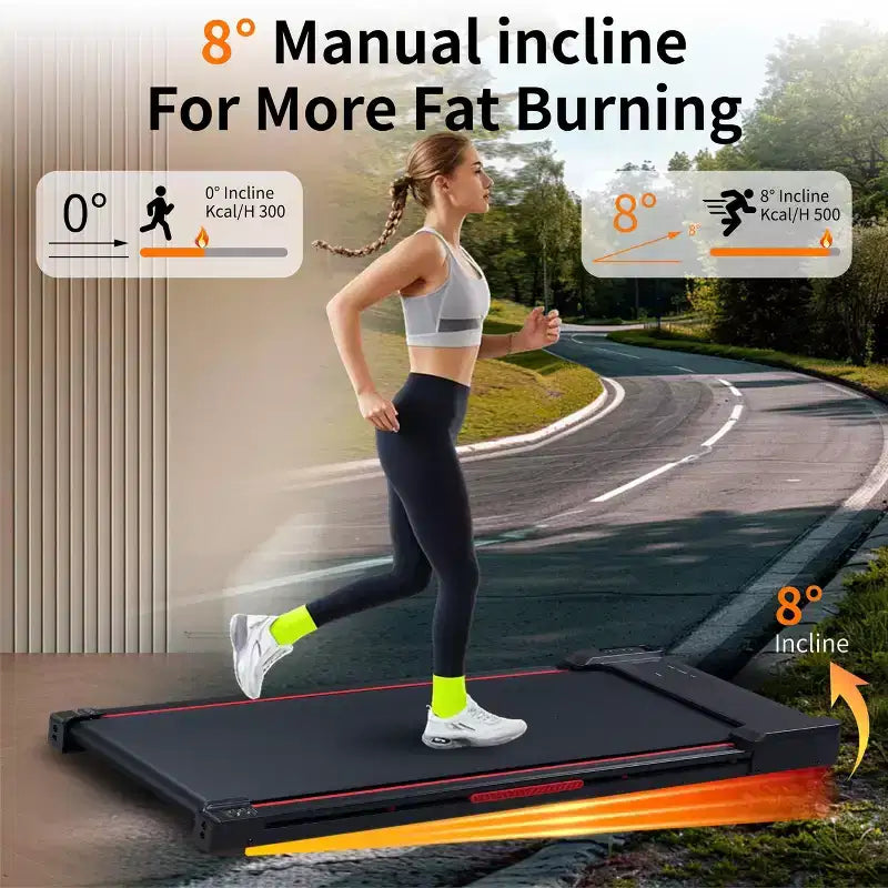 Tapis de course Okak Walking Pad avec 8 niveaux d'inclinaison, tapis de course sous le bureau avec télécommande et écran LED, tapis de course portable pour la maison, noir et gris