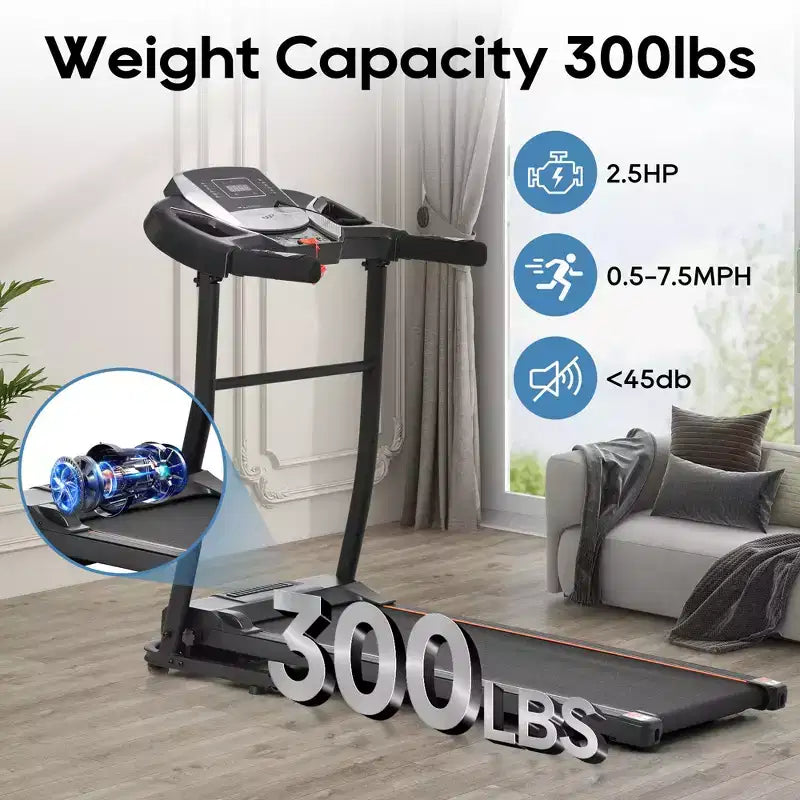 Tapis de course pliable Okak avec capteur de pouls, tapis de course Walking Pad avec moteur sans balais silencieux, 12 programmes prédéfinis, avec inclinaison, noir+argent
